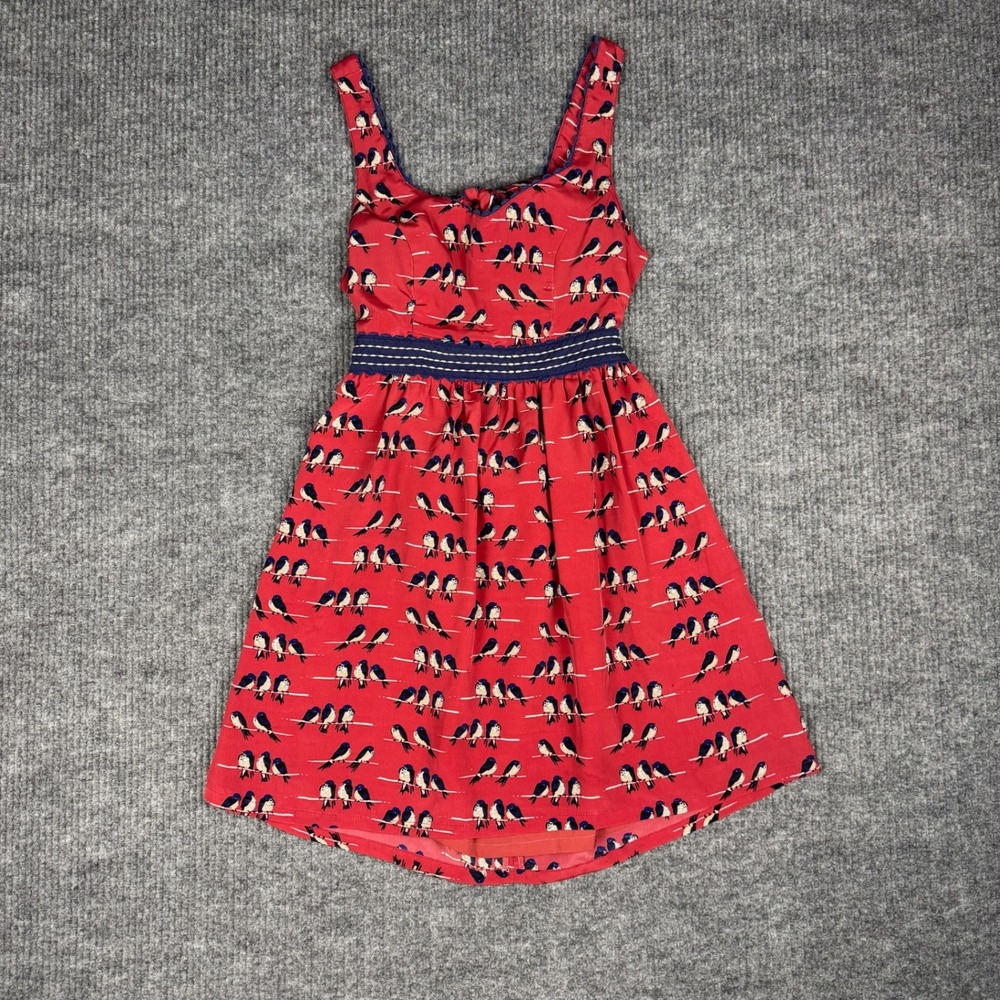 Judith March Dress Womens L Red Bird Print Tie Back Retro Mod Twee Cottagecore